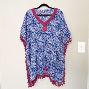 Simply Southern Pink Blue Tropical Leaves Tassel Trim Swimsuit Cover Up Dress